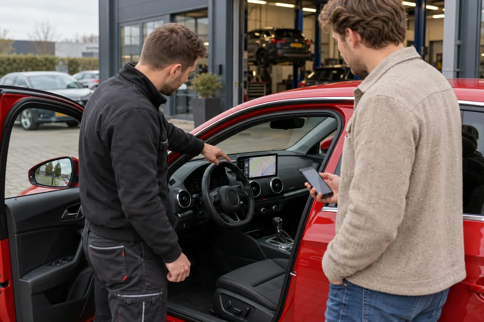 Monteur wijst een klant op het nieuwe CarPlay-scherm in het dashboard van een rode auto voor de werkplaats