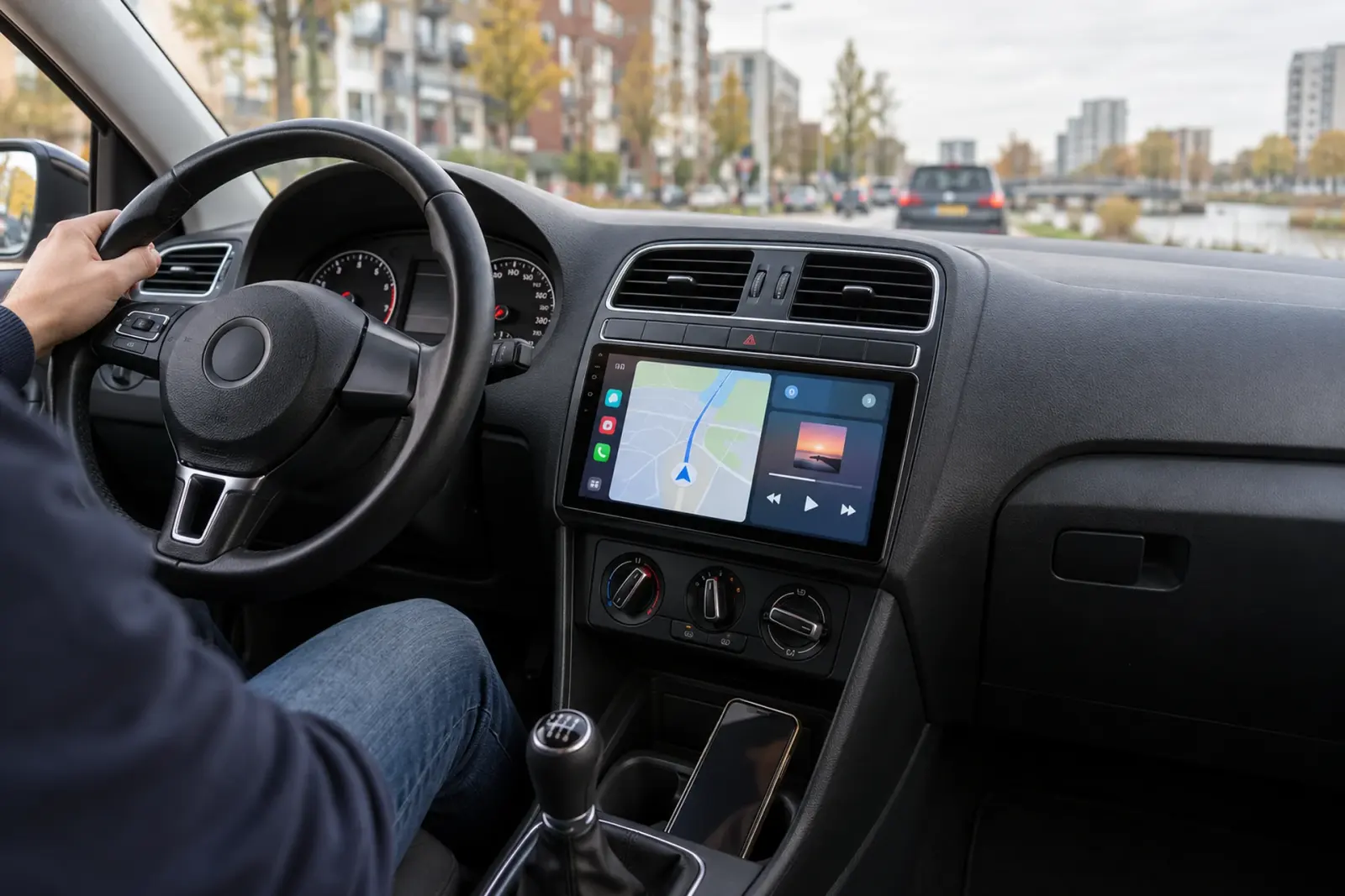 Apple CarPlay met navigatie en muziek op een ingebouwd touchscreen in het dashboard, gezien vanaf de bestuurdersstoel