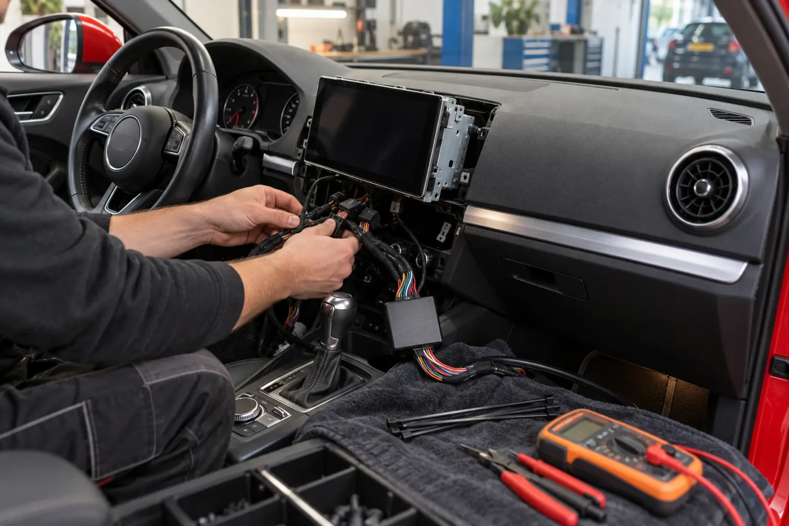 Apple CarPlay inbouwen: de monteur sluit de kabelboom en de interface aan achter het nieuwe scherm, met een multimeter op de stoel
