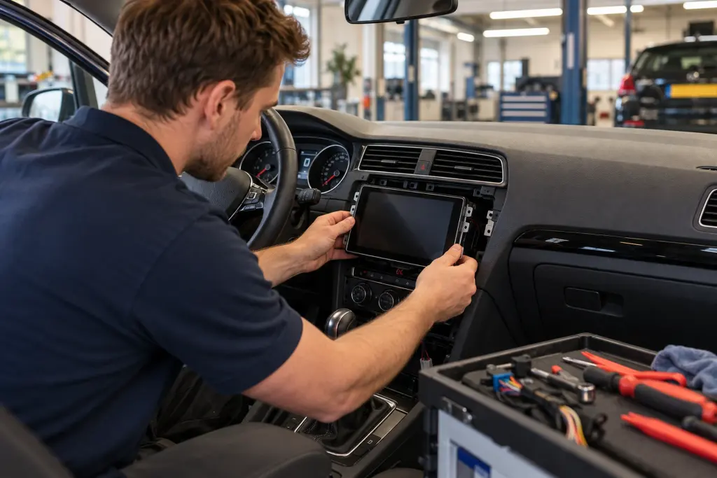 Monteur schuift een nieuw CarPlay-scherm in het dashboard van een auto in de werkplaats, gereedschap binnen handbereik