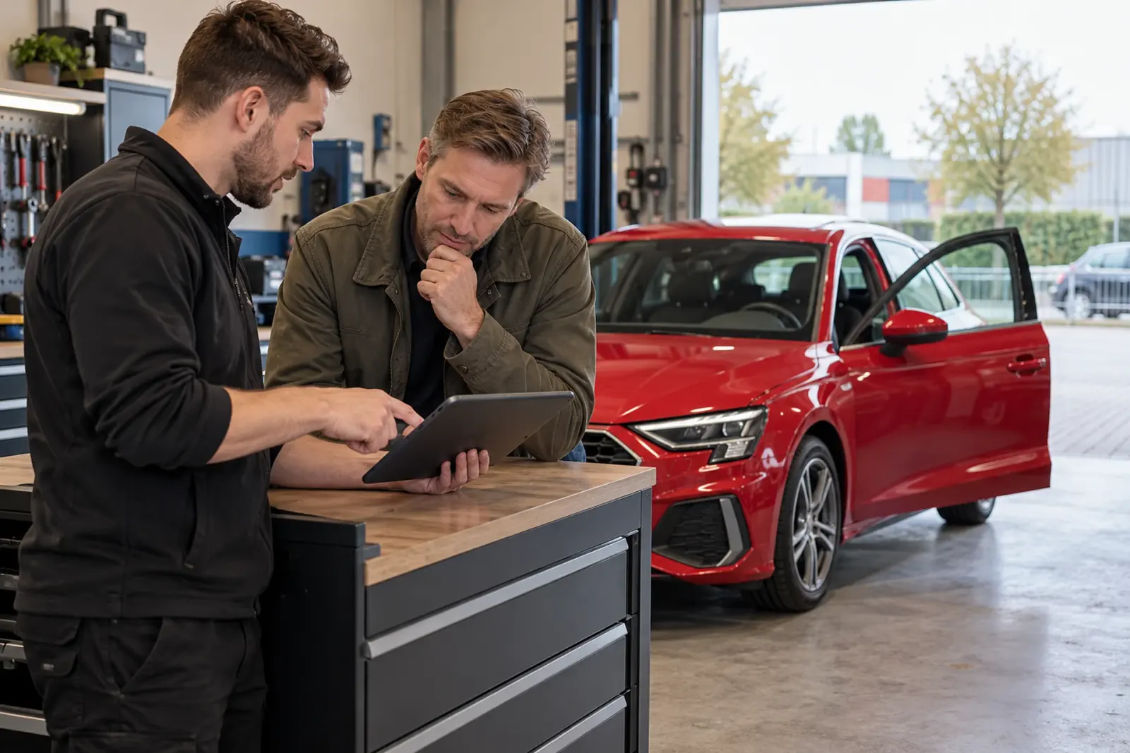 Apple CarPlay inbouwen prijs bespreken: de monteur toont de offerte op een tablet aan een klant naast een rode auto in de werkplaats