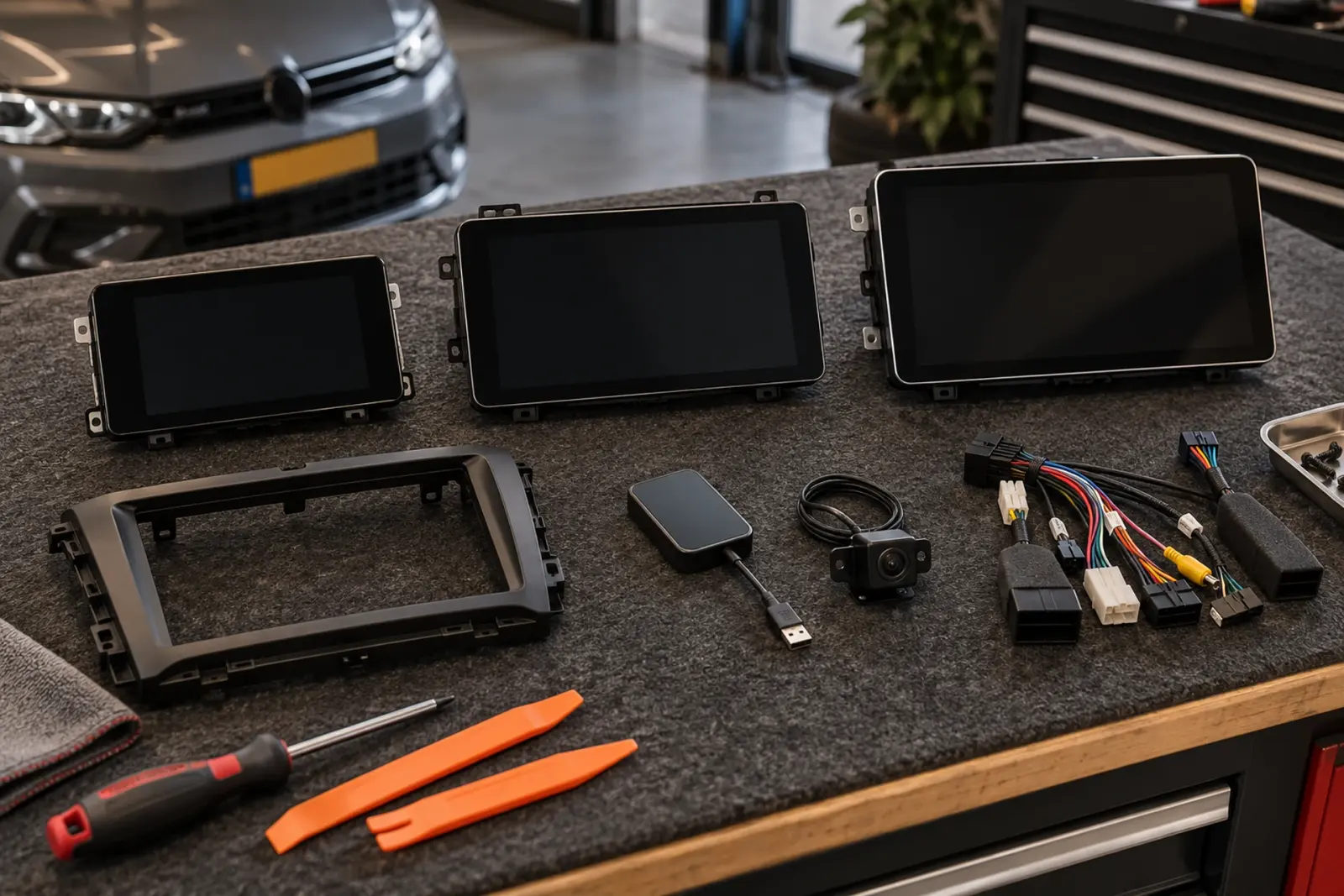 Drie CarPlay-schermen in verschillende formaten, een inbouwframe, een dongle, een camera en kabelbomen uitgestald op de werkbank
