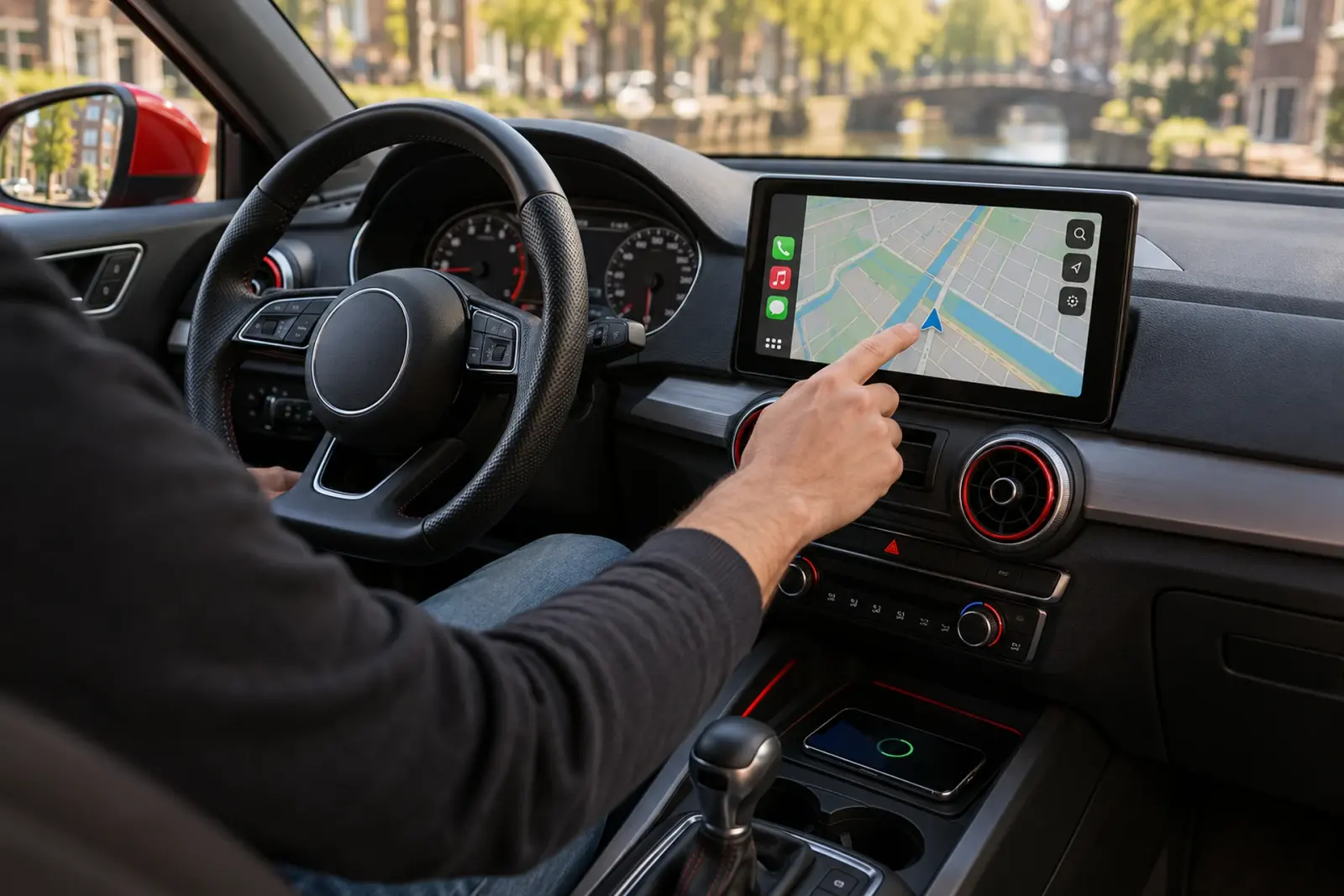 Bestuurder tikt een bestemming aan op een groot ingebouwd CarPlay-scherm met Apple Kaarten boven de ventilatieroosters