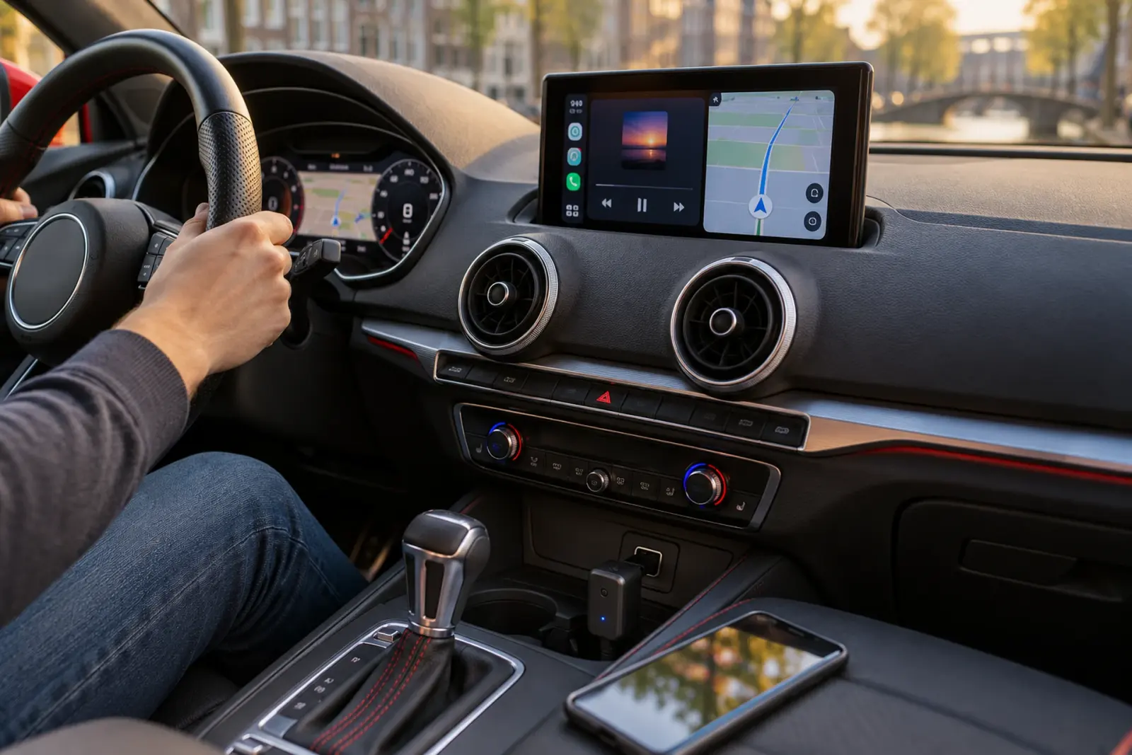 CarPlay dongle in de USB-poort van de middenconsole, met de iPhone los ernaast en CarPlay op het scherm