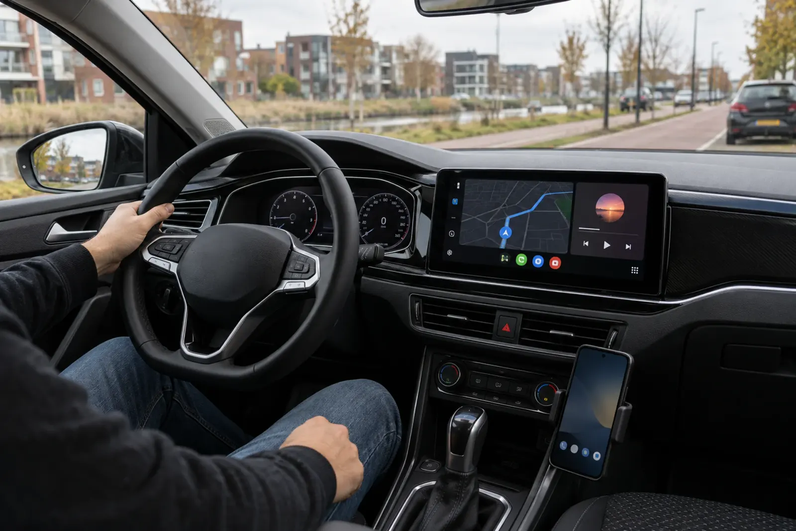 Breed ingebouwd touchscreen met navigatie en muziek in een dashboard, de smartphone staat in een houder op de middenconsole