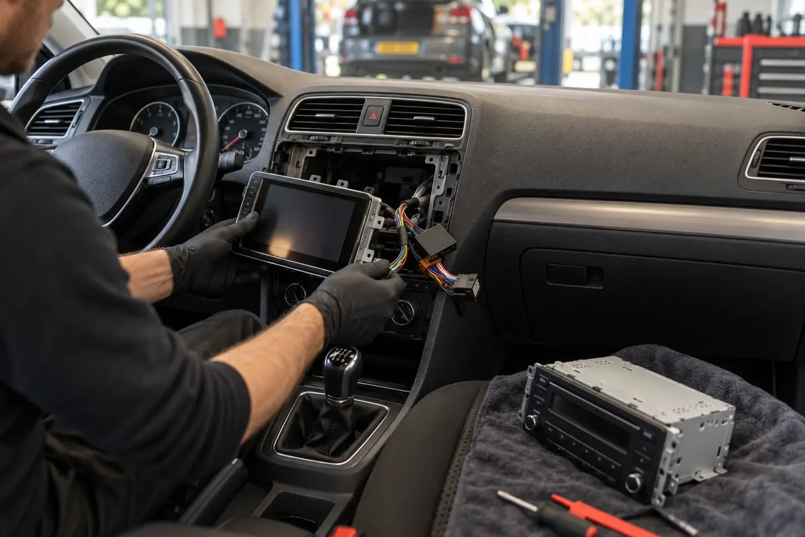 CarPlay inbouwen in de buurt: monteur houdt het nieuwe scherm voor de opening in het dashboard, de oude radio ligt naast hem op de stoel